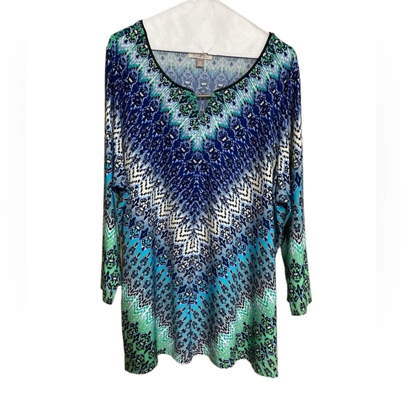 Roz & Ali tunic top polyester spandex blue green abstract print 2X soft - Picture 1 of 8